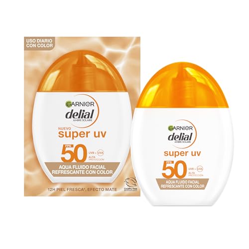 Garnier Delial Super UV Aqua Fluido Facial Refrescante con [Ácido Hialurónico] Muy Alta Protección FPS 50+. 12H piel Fresca y Efecto Mate. Textura muy fresca y acuosa. Acabado Invisible. 40 ML
