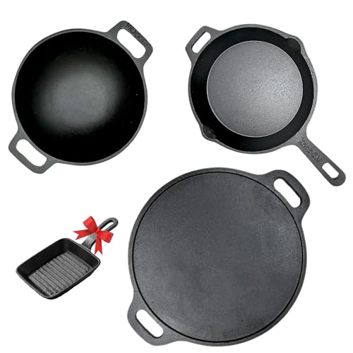 KnobON Cast Iron Cookware Set+ Free Mini Grill Pan| Dosa Tawa (30cm)+ Kadhai (26cm/2.5L) Fry Pan(27cm/1.7L)| Kitchen Cooking Combo Pots & Pans Set of 4Pcs| Black KnobON Cast Iron Cookware Set+ Free Mini Grill Pan| Dosa Tawa (30cm)+ Kadhai (26cm/2.5L) Fry Pan(27cm/1.7L)| Kitchen Cooking Combo Pots & Pans Set of 4Pcs| Black