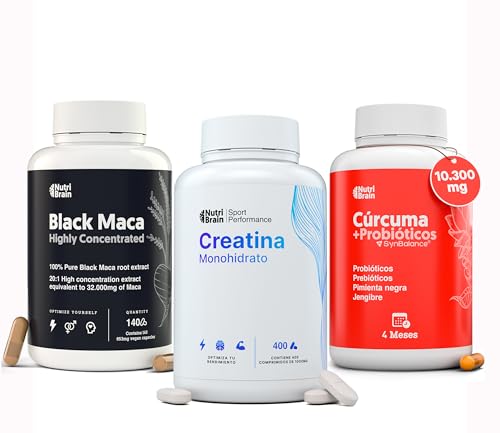 Pack Rendimiento 3 en 1 | Maca Negra 32000mg + Cúrcuma 10300mg con Pre y Probióticos + Creatina Monohidratada 3000mg | Apoyo Articular Muscular Digestivo y Energético | Fuerza y Potencia