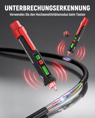 KAIWEETS Spannungsprüfer Berührungsloser NCV, Duale Empfindlichkeit 12/48–1000V AC Berührungsloser Phasenprüfer, Live/Neutral-Erkennung, Signalton & LED Alarm, CAT III 1000V, Taschenformat