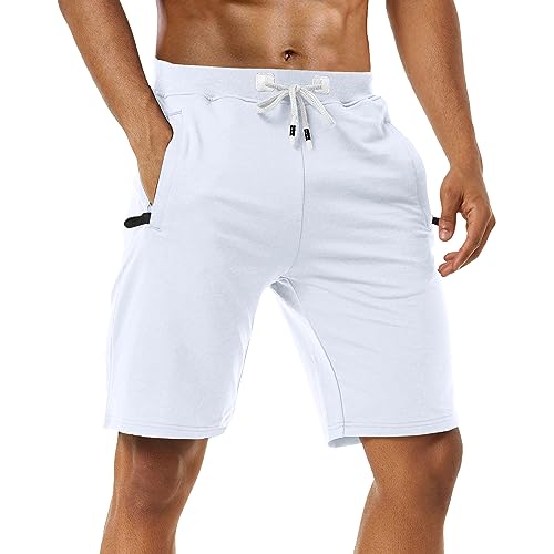 Boyzn Pantalones cortos deportivos para hombre, cómodos, de algodón, cintura elástica, bolsillos con cremallera, Blanco (paquete de 1), Medium