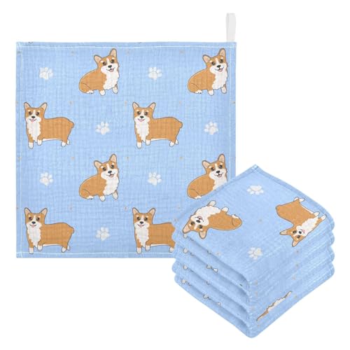 Image of vvfelixl Corgi Paws Baby Burp Cloths Baby Muslin Washcloths for Boys Girls Cotton Baby Face Towel for Newborn Infants Soft and Absorbent 11.8 X 11.8 in, 5 Pack