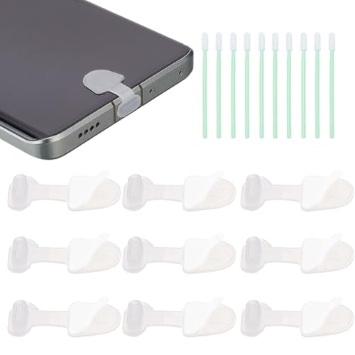 SUNNYCLUE 1 Box 10Pcs USB C Dust Plug Charging Port Protector with Detachable Adhesive 10Pcs Head Swabs,White Silicone Anti Lost Phone Dust Plugs for Mobile Phones Earphones Laptops E-Book Accesories