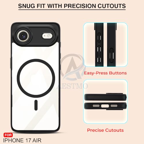 Image of AESTMO iPhone 17 Air Back Cover | 360 Protection | Crystal Clear Hard Back Transparent | Compatible with MagSafe Accessories (PC+TPU, Black Bumper)