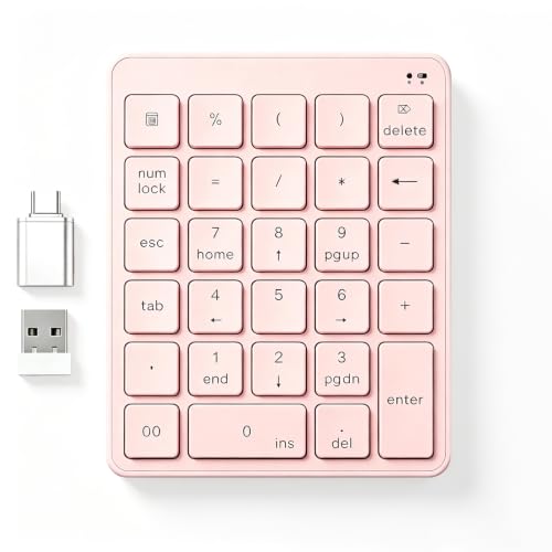 Wireless Number Pad with USB to USB-C Adapter, Numeric Keypad Numpad 28 Keys Portable 2.4 GHz Accounting Number Keyboard, 10 Key USB Keypad for Laptop, PC, Desktop, Surface Pro, Notebook - Pink