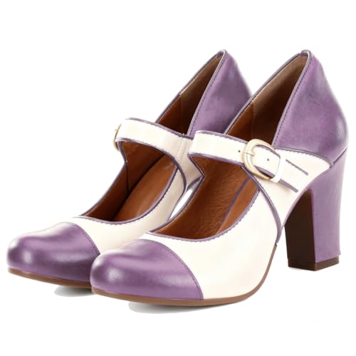Image of SHODENSE Women Vintage Chunky High Heel Mary Jane Shoes Round Closed Toe Ankle Strap Dress Sandals 3 inch Block Heels Mary Jane Lolita Pumps Two-Toned Patchwork Buckle Office Lady Wedding Retro 4-11 M US