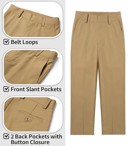 Image of QBK Boys Flat Front Dress Pants Uniform Pants Adjustable Waistband for Toddler to Youth with Pockets
