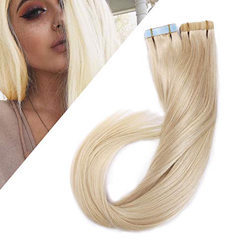 Blonde Tape in Human Hair Extensions 100g 40pcs Highlighted Tape in Remy Hair Seamless Skin Weft Soft Straight Invisible Tape on for Women 20inch Long Whitish Blonde #70