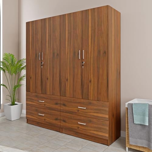 Image of VIKI Wardrobe | Wooden Almirah for 4 Door 4 Drawer with Shelves & Hanging Space Wardrobe (Brussel Walnut - 40D x 160W x 180.8H) | 1 Year Warranty | Free Assembly