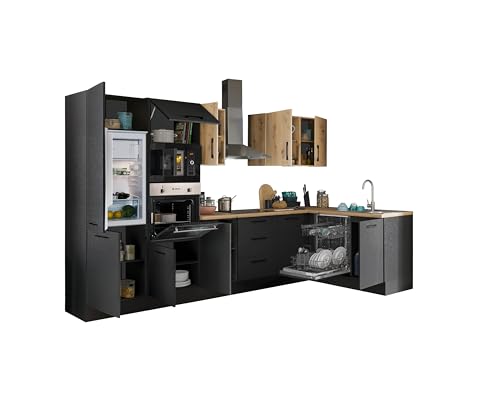 Turin LBM Eckküche 340 x 211 x 60 cm, schwarz - Ohne Küchengeräte - Moderne, geräumige Küche in Artisan-Eiche Optik mit viel Stauraum