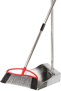 Heavy Duty Outdoor Broom and Stainless Steel Dustpan Set, Wide Angle Broom with Stiff Bristles & Standing Dust Pan with Teeth for Home, Garden, Garage Cleaning