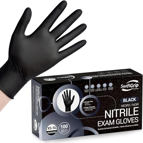 SwiftGrip Disposable Nitrile Exam Gloves, Black Nitrile Gloves Disposable Latex Free for Medical, Cooking & Esthetician, Food-Safe Rubber Gloves, Powder Free, Non-Sterile, 100-ct Box (Medium)
