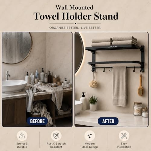 Image of Arena18 inch Folding Towel Rack with Shelf Stainless Steel Towel Holder in Bathroom Wall Mounted Towel Rack Stand in Bathroom Durable & Space Saving Matte Black Finish Bathroom Organizer (Packof 1)