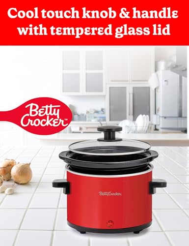Betty Crocker 0.7-Quart Mini Slow Cooker, Chocolatier & Simmer Pot, Electric Pot with Removable Stoneware Crock, Cool Touch Handles, Tempered Glass Lid, Perfect for Fondue & Dips, BC-2555R, Red - Thumbnail 4