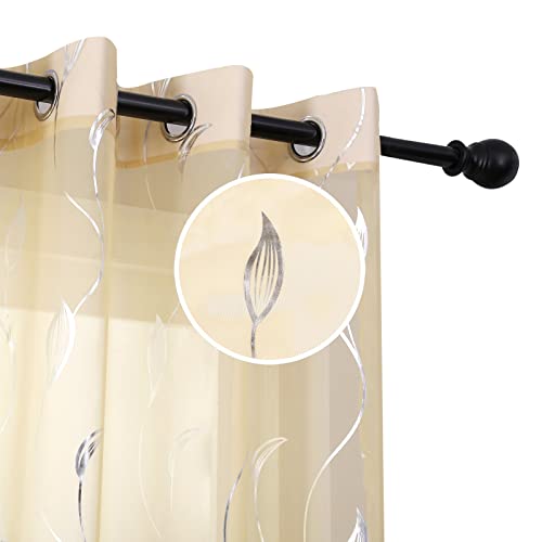 youleyar Silver Foil Print Voile Sheer Curtains,Wicker Grommet Top Window Drapes 108 Inches Long, Luxury Metallic Bronzing Treatment Panels for Home Window Decoration, 2 Panels(Beige,52W x 108L)