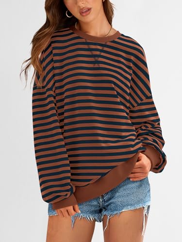 PRETTYGARDEN Women Striped Oversized Sweatshirt Color Block Crew Neck Long Sleeve Casual Pullover Top Spring Y2K Clothes (Brown Navy, Small) — view 4