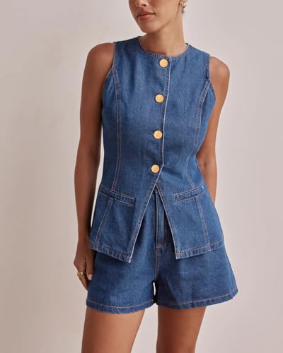 Kedera Women's Button Down Denim Vest Sleeveless Tank Tops Crew Neck Slim Fit Jean Jacket Waistcoat with Pockets