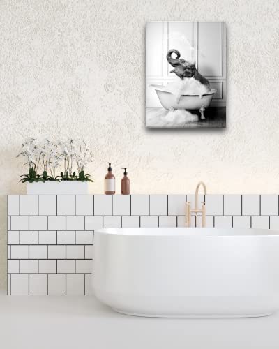 Ihery Funny Bathroom Wall Art Decor, Waterproof 12X16In Black And White Quality Canvas Wall Art Pictures, Wood Framed Funny Elephant Bathing Animals Abstract Prints For Bedroom Kids Room 1 Pack #TOP3