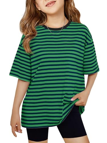 Image of Haloumoning Girls Striped Short Sleeve T Shirts Kids Summer Oversized Tops Casual Crewneck Tees 5-14 Years