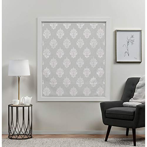 Exclusive Home Marseilles Damask 100% Blackout Roman Shade, 27"X64", Silver #TOP7