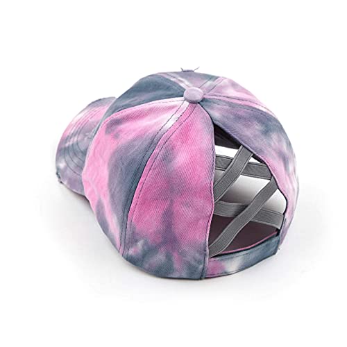 Funky Junque Criss Cross Hat Womens Baseball Cap Distressed Ponytail Messy Bun Trucker Ponycap (Tie Dye - Grey/Light Pink Mix) #TOP3