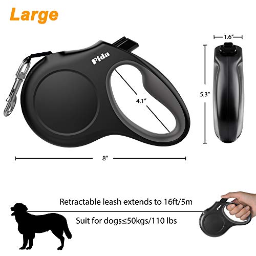 Fida Retractable Dog Leash with Dispenser and Poop Bags, 16 ft Pet Walking Leash for Large Dog up to 110 lbs, Anti-Slip Handle, Tangle-Free, Reflective Nylon Tape (L, Black) by Fida - Image 6