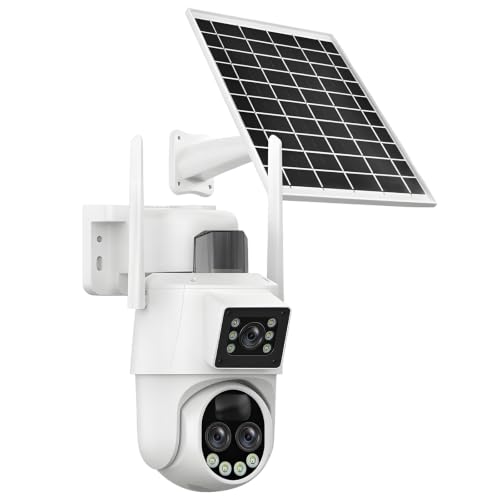 wkao Cámara de seguridad solar para exteriores, cámara PTZ WiFi con triple lente y zoom, detección de movimiento inalámbrica, resistente a la intemperie con panel solar y base de metal para el hogar