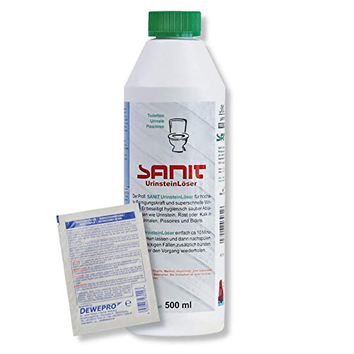 DEWEPRO Set: SANIT UrinsteinLöser 3031 - Flasche à 500ml - WC-Reiniger - Kalklöser - höchste Reinigungskraft - inkl. 1 St. DEWEPRO® Single Scrubs Cover