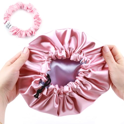 Image of Stain Bonnet Silk Sleep Cap Adjustable Satin Cap for Night Sleeping Hair Bonnet Reversible Double Layer