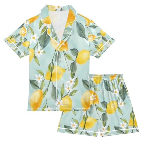 senya Light Green Lemon Satin Summer Pajama Sets Silk Short Sleeve Button Down Sleepwear