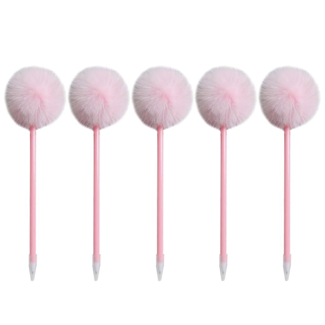 Odoukey 5Pcs Pom-Pom Gel Ballpoint Pens Cartoon Children Signature Pens