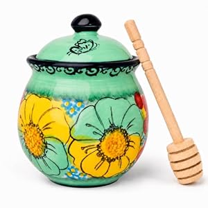 10oz Honey Jar with Dipper and Lid, Farmhouse Style,Handmade Ceramic Floral Design Honey Pot with Dipper, Hand-Painted Honey Containers for Honey, Jam, Syrup, Dishwasher Safe (Green)