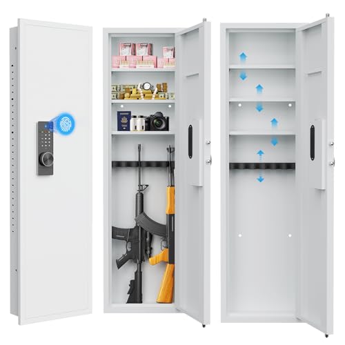 SAFE53" Wall Gun Safe with Fingerprint Hidden Safe with Dual Alarm System and Silent Mode Wall Gun Safe with 3 Adjustable Shelves and Magnetic Slots (White)