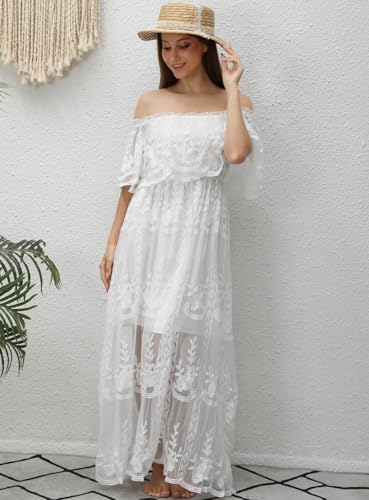 Image of HOYISHION Women's Off The Shoulder Floral Lace Maxi Dress White Bridesmaid Wedding Party Maternity Photoshoot Long Dresses
