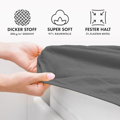 Jacobson Premium Spannbettlaken 200 g/m² Jersey Baumwolle mit Elasthan (120x200-130x200 cm, Anthrazit) – Ansicht 2