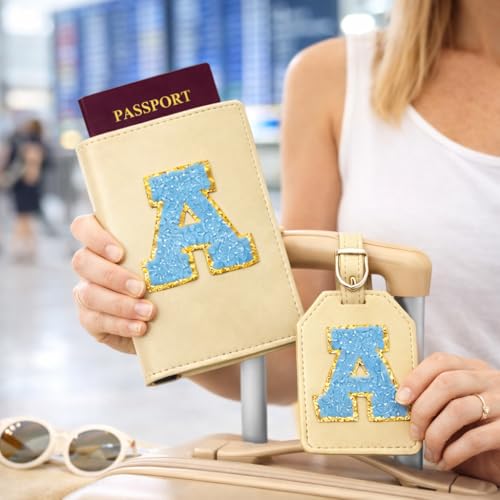 Image of Passport Cover & Bag Tag Combo | Personalized Initial Alphabet Custom A-Z Name Initial | Fits Standard Passports | Travel GiftIdeal Travel Gift for Women, Girls & Couples (Lemon)