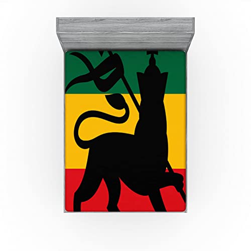 Ambesonne Rasta Fitted Sheet, Rastafarian Striped Flag Lion Reggae Music Inspired Design Cultural Colors Image, Bed Cover With All-Round Elastic Deep Pocket For Comfort, King Size, Black Yellow #TOP2