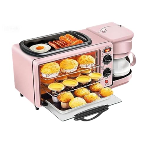 Máquina de desayuno eléctrica, vaporizador de alimentos de tres capas con olla de cocción de 1,2 L, área for hornear de gran capacidad de 9 L, incluye cafetera, control de temperatura(Pink)
