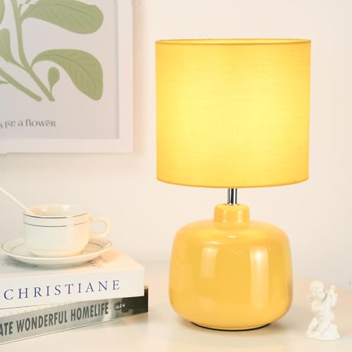 LAMPWELL Vane Small Ceramic Table Lamp for Living Room and Bedroom,Modern Kids Night Table Lamp,Φ7.09×H13.39IN,Bulb Excluded,Yellow
