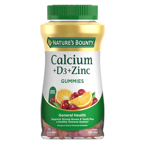 Nature's Bounty Calcium + D3 + Zinc Gummies, Supports Strong Bones & Teeth Plus a Healthy Immune System, 500mg, Orange and Cherry Flavored, 70 Gummies