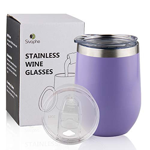 Sivaphe Tasse de Voyage sans Tige mug café Isotherme Vin Jus À Bière Verres Double Paroi INOX Garder Au Froid Et Au Chaud avec des Couvercles- Pourpre / 12OZ / 350ML
