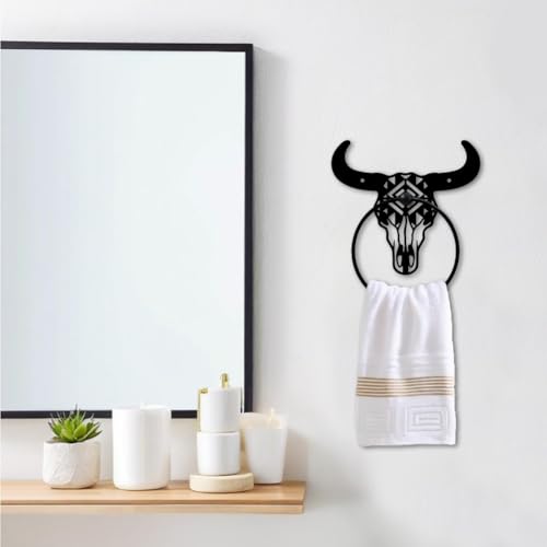 MAYJOYDIY Bull Skull Metal Towel Ring Western Cow Skull Towel Holder Country Western Style Wall Decor Towel Hanger Black Art Towel Rack Wall Mounted for Bathroom Kitchen Home Decors Gift by MAYJOYDIY - Used condition - Image 5