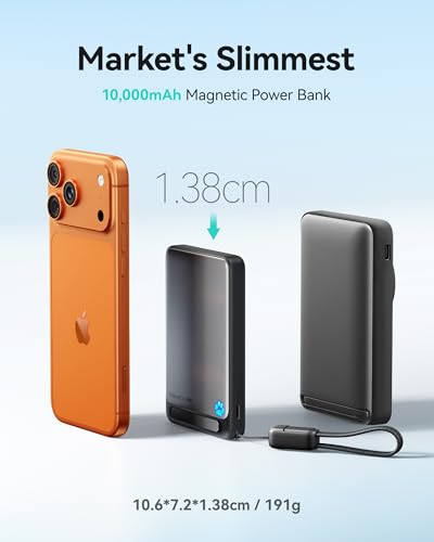 INIU for Magsafe Power Bank, Slimmest 10000mAh 15W Qi2 Magnetic Portable Charger, 45W Fast Charging with Built-in USB-C Cable, Wireless Battery Pack with Stand for iPhone Air 17 16 15 14 13 12 Only