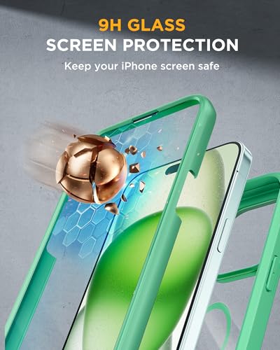Image of Miracase Magnetic for iPhone 15 Plus Case 6.7'' [Compatible with Magsafe] Full-Body Military Drop Proof 15 Plus Phone Case Cover with Built-in 9H Tempered Glass Screen Protector,Magnetic Green | Magnetic