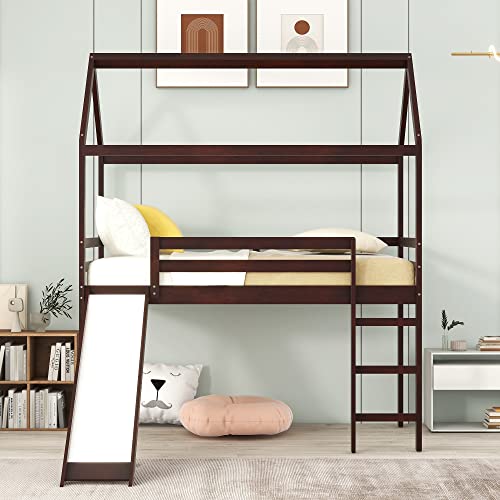 Biadnbz Twin Loft Bed With Slide, Ladder And Guardrails, House Low Loftbed Frames For Kids Teens Bedroom, Espresso #TOP1