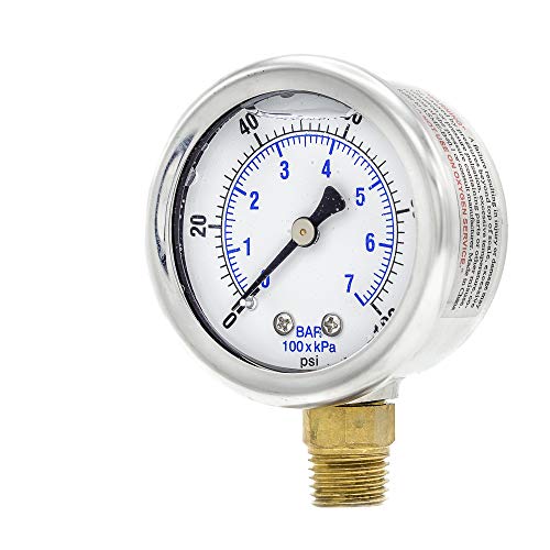 Liquid Filled Lower Mount Pressure Gauge with 2" Dial, 0-100 PSI, 1/4" Male NPT Connection, Stainless Steel CASE and Bezel (1)