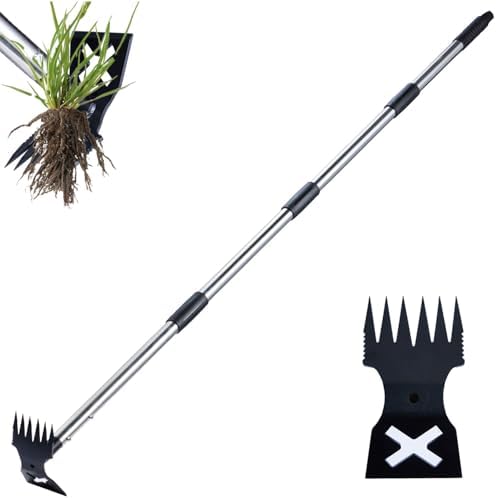 NICOFPHY Weed Puller Tool with Long Handle - 60" Manual Weeder Remover Tool, 2 in 1 Hand Weed Rake and Garden Hoe for Gardening, Heavy Duty Uprooting Weeding Pull for Yard, Lawn, Patio and Garden