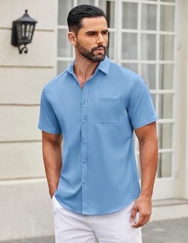 Image of COOFANDY Mens Short Sleeve Casual Button Down Shirts Summer Untucked Dress Shirts with Pocket