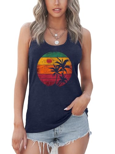 GEMLON Sunset Graphic Tank Tops for Women Hawaiian Beach Palm Tee Summer Sleeveless Vacation Racerback Tops