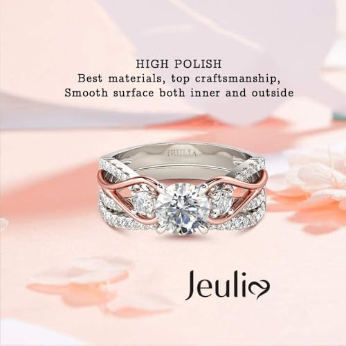 Jeulia Two Tone Rings for Women Rose Gold Three Stone Round Cut Engagement Rings Sterling Silver Halo Bridal Ring Set Anniversary Promise Wedding Ring with Jewelry Gift Box2